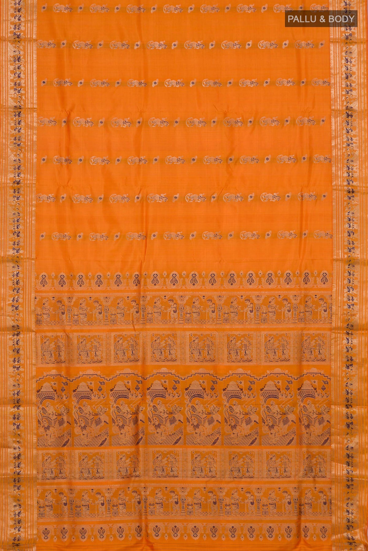 Flat view of Pure Silk Orange Baluchari Saree with Zari And Thread Butta on the body and Zari Border. 