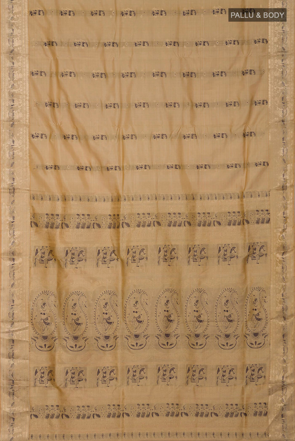 Flat view of Beige Baluchari Silk Saree with Zari And Thread Butta on the body and Zari Border. 