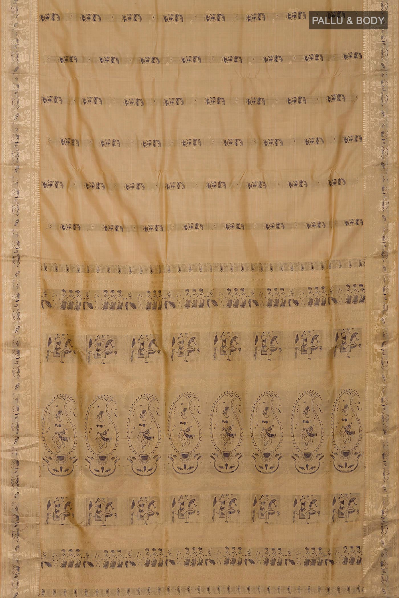 Flat view of Beige Baluchari Silk Saree with Zari And Thread Butta on the body and Zari Border. 