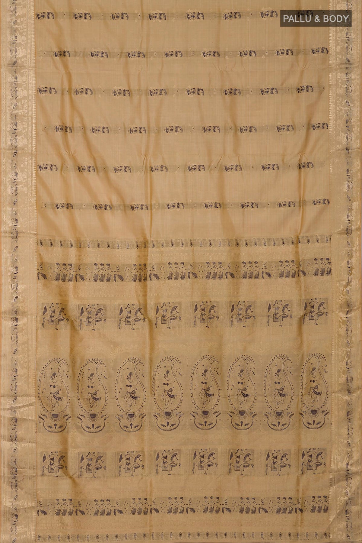Flat view of Beige Baluchari Silk Saree with Zari And Thread Butta on the body and Zari Border. 