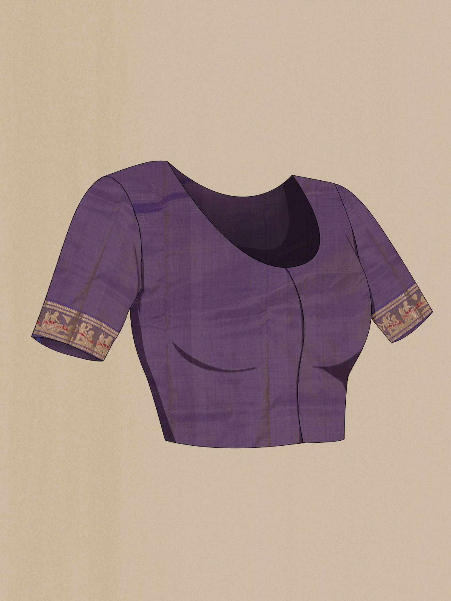 Close up image of the blouse of Lavender Baluchari Silk Saree with Zari Butta on the body and Zari Border. 