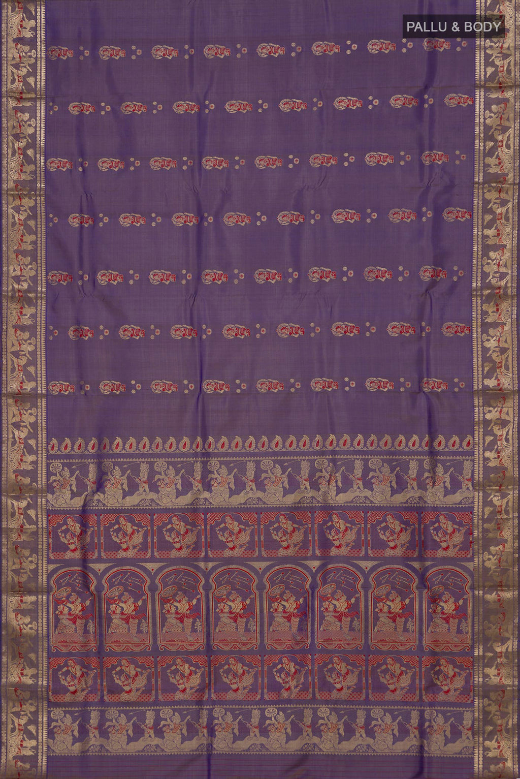 Flat view of Lavender Baluchari Silk Saree with Zari Butta on the body and Zari Border. 