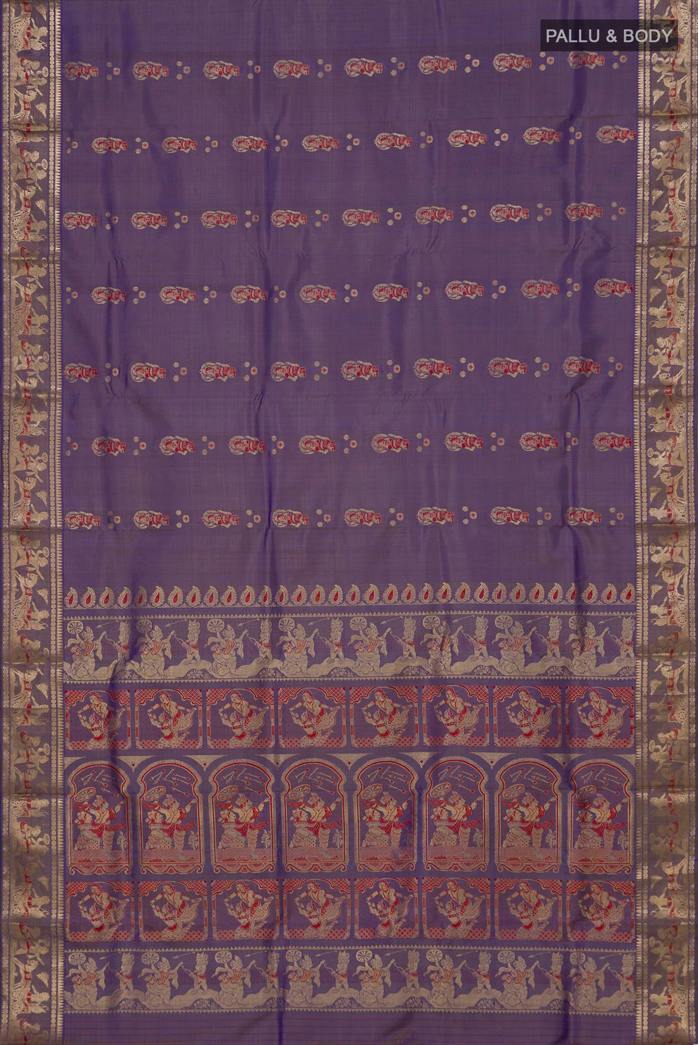 Flat view of Lavender Baluchari Silk Saree with Zari Butta on the body and Zari Border. 