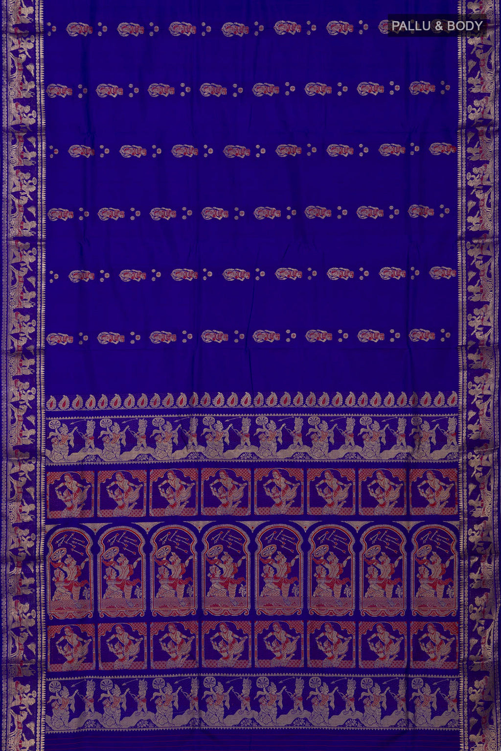 Flat view of Blue Baluchari Silk Saree with Zari And Thread Butta on the body and Zari Border. 