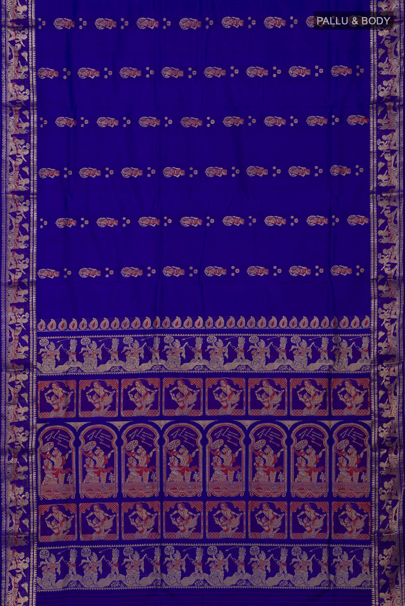 Flat view of Blue Baluchari Silk Saree with Zari And Thread Butta on the body and Zari Border. 