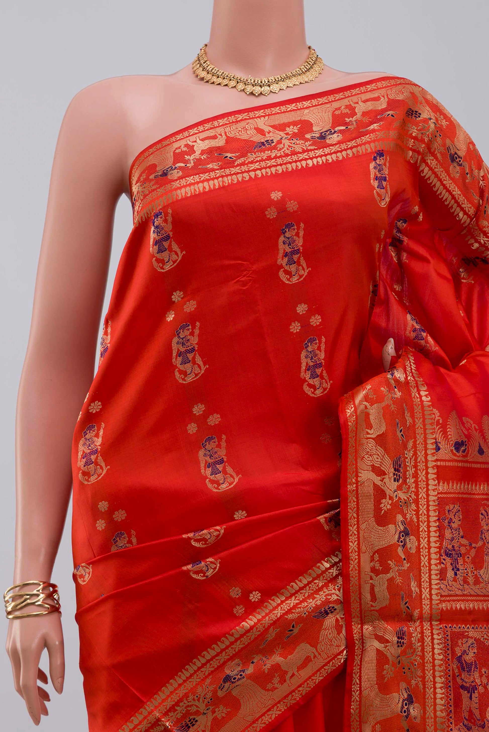 Border image of Orange Baluchari Silk Saree with Zari And Thread Butta on the body and Zari Border. 