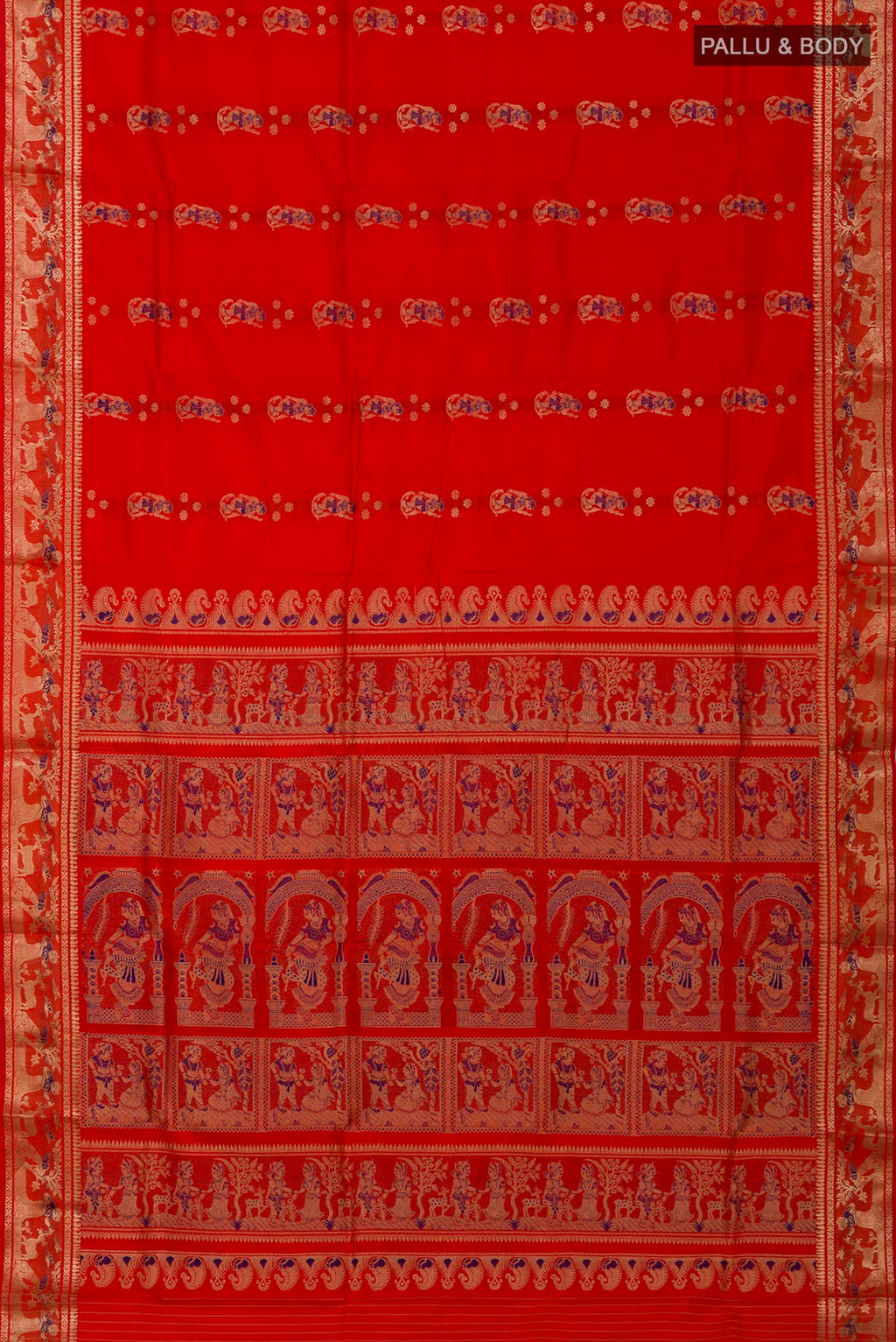 Flat view of Orange Baluchari Silk Saree with Zari And Thread Butta on the body and Zari Border. 