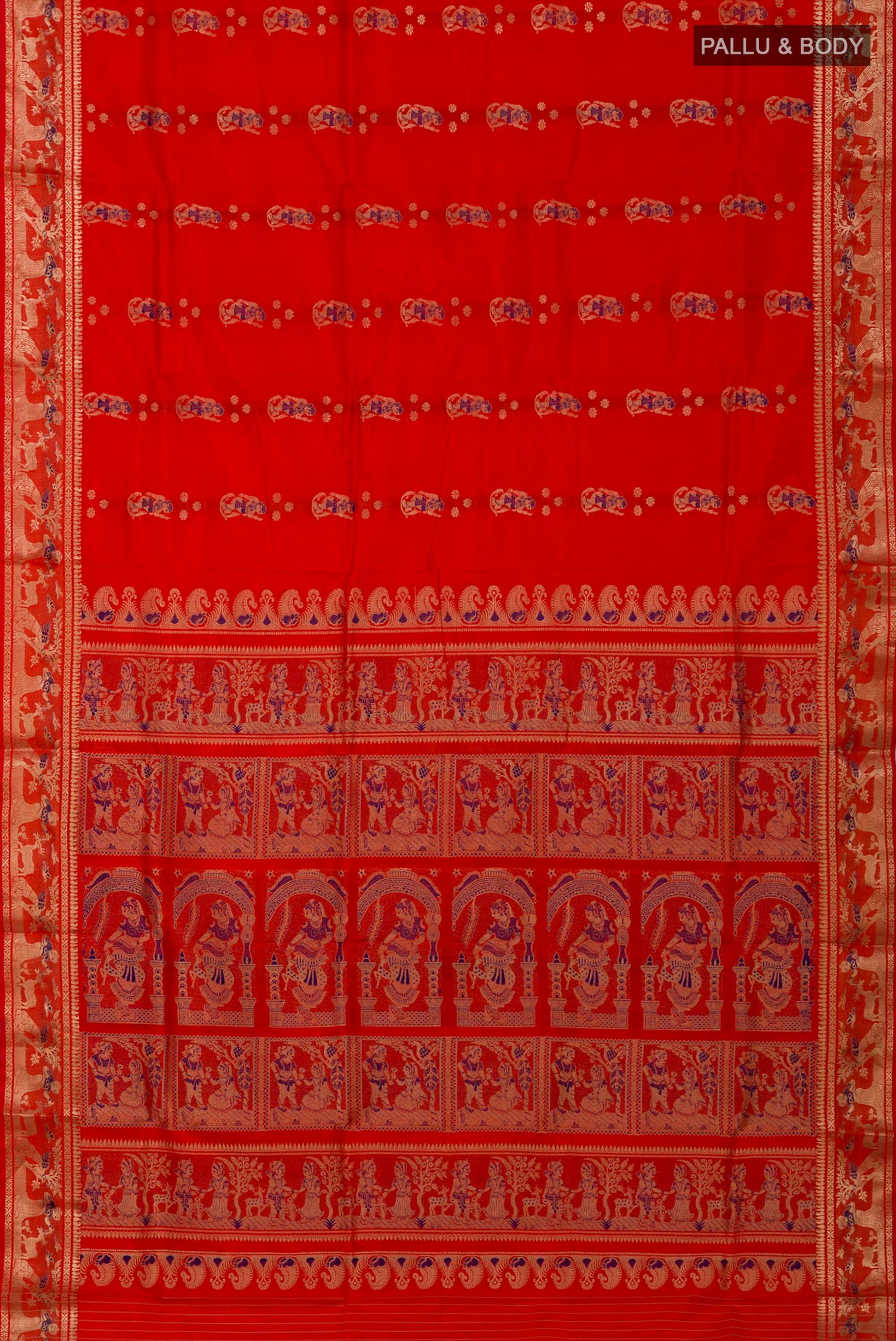 Flat view of Orange Baluchari Silk Saree with Zari And Thread Butta on the body and Zari Border. 