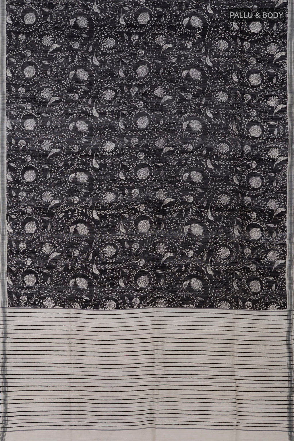Flat view of Black Jute Silk Saree with Fancy on the body and Plain Border. 
