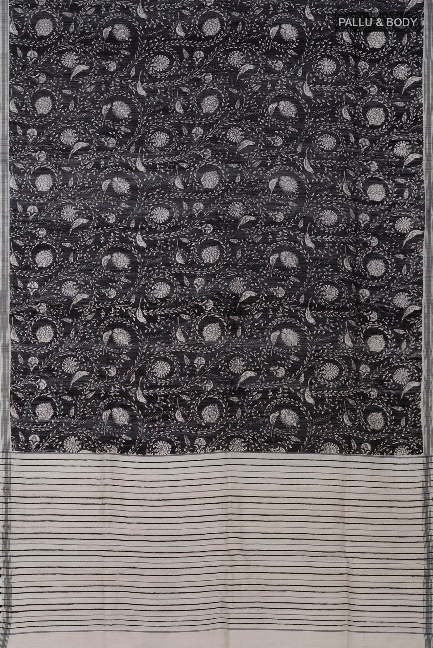 Flat view of Black Jute Silk Saree with Fancy on the body and Plain Border. 