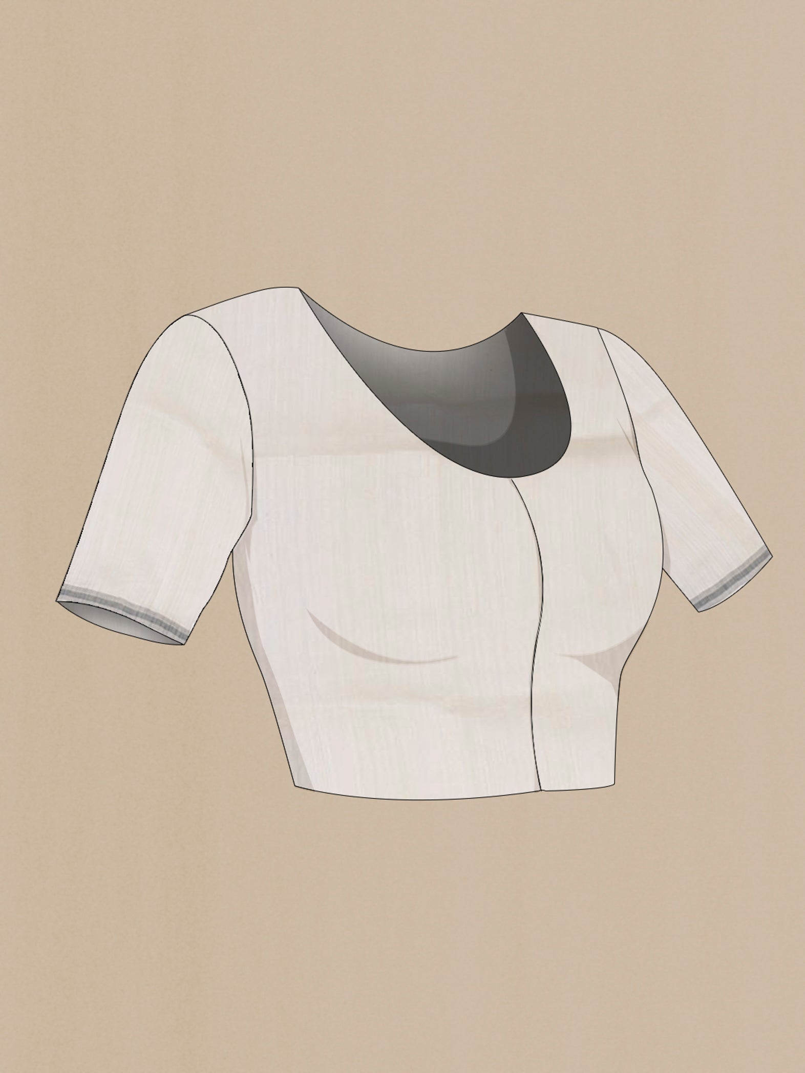 Close up image of the blouse of White Tussar Silk Saree with Printed design on the body and Plain Border. 