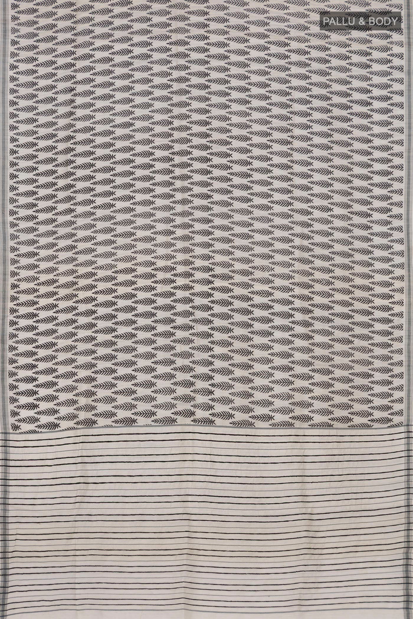 Flat view of White Tussar Silk Saree with Printed design on the body and Plain Border. 