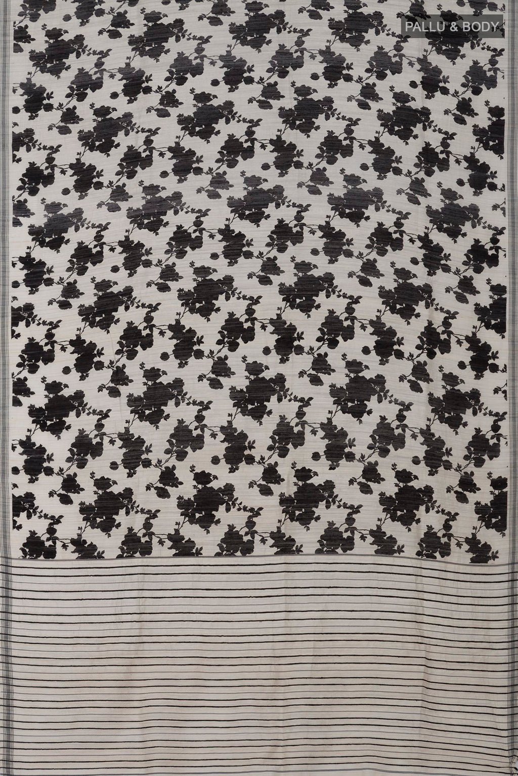 Flat view of Cream Tussar Silk Saree with Floral Print on the body and Plain Border. 