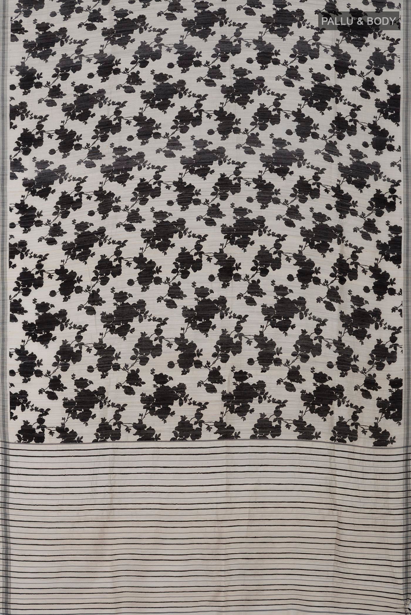 Flat view of Cream Tussar Silk Saree with Floral Print on the body and Plain Border. 