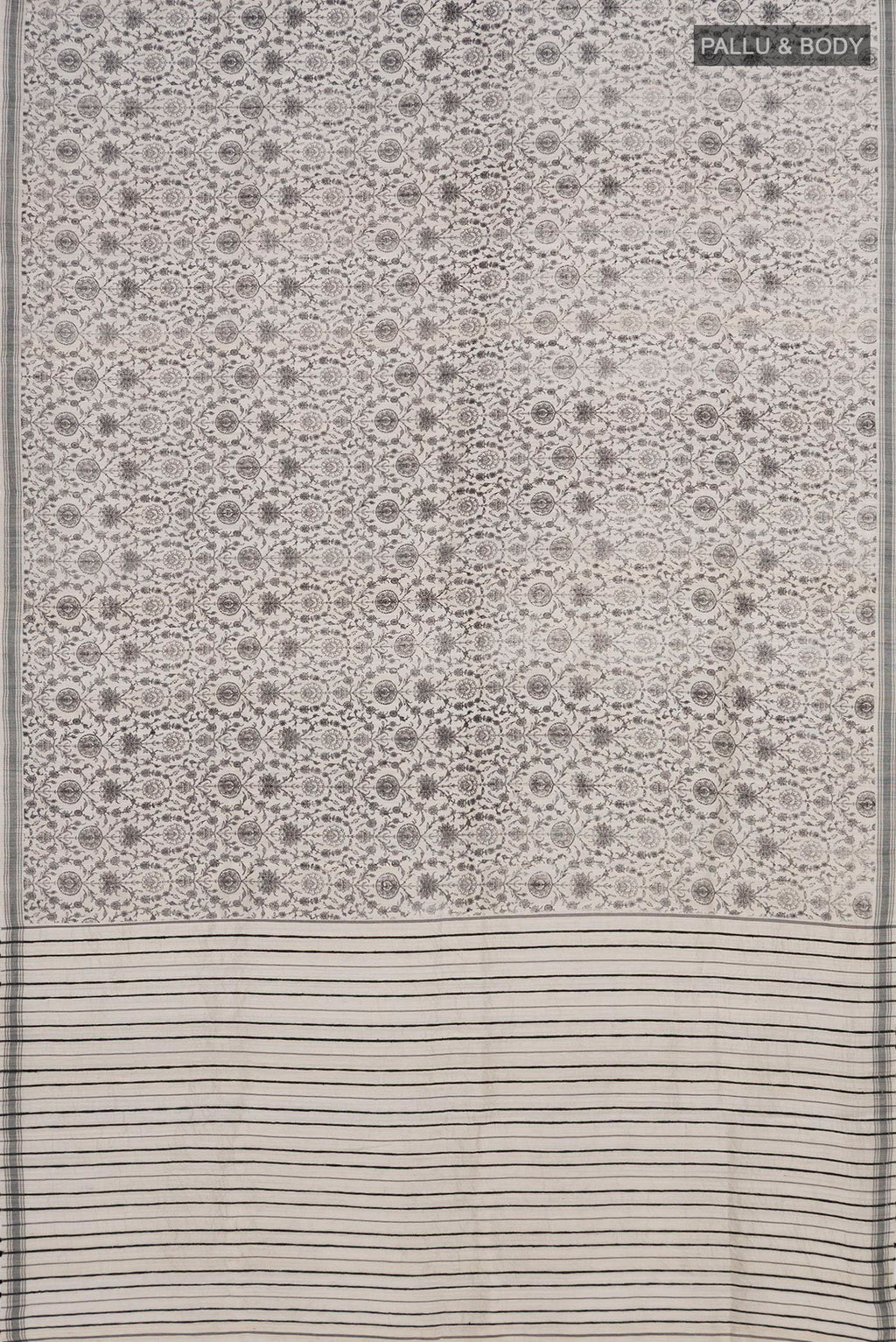Flat view of White Tussar Silk Saree with Floral Print on the body and Plain Border. 