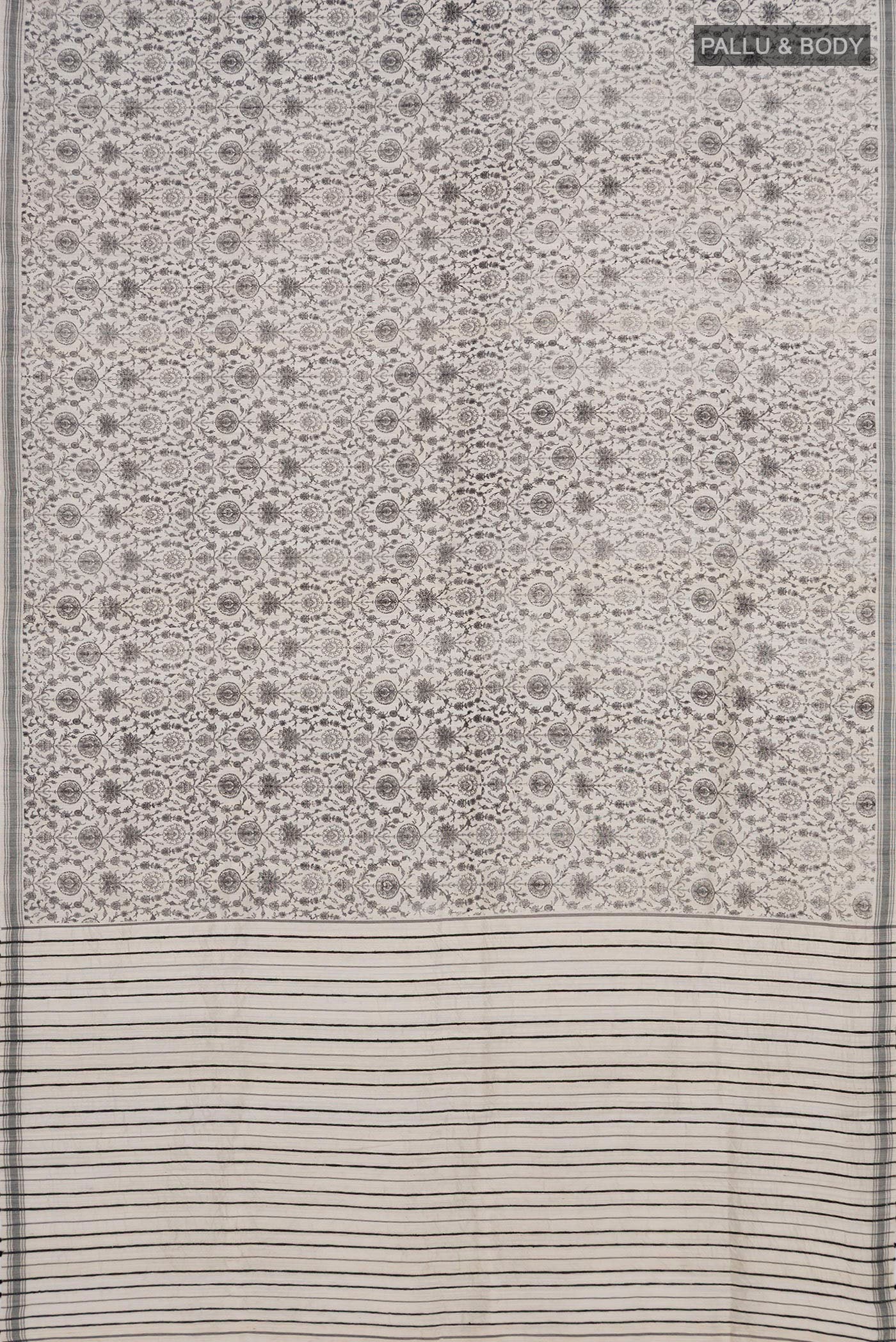 Flat view of White Tussar Silk Saree with Floral Print on the body and Plain Border. 