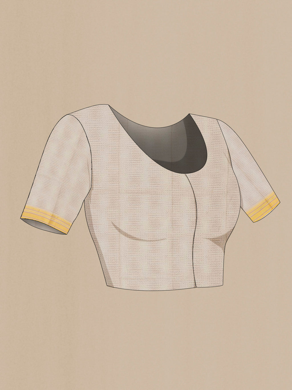 Close up image of the blouse of Beige Tussar Saree with Printed design on the body and Thread Border. 