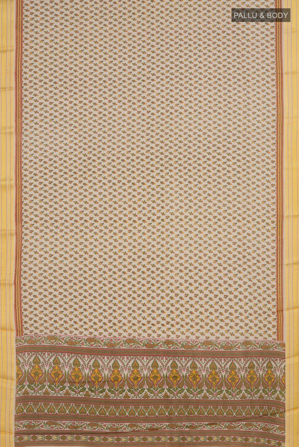Flat view of Beige Tussar Saree with Printed design on the body and Thread Border. 