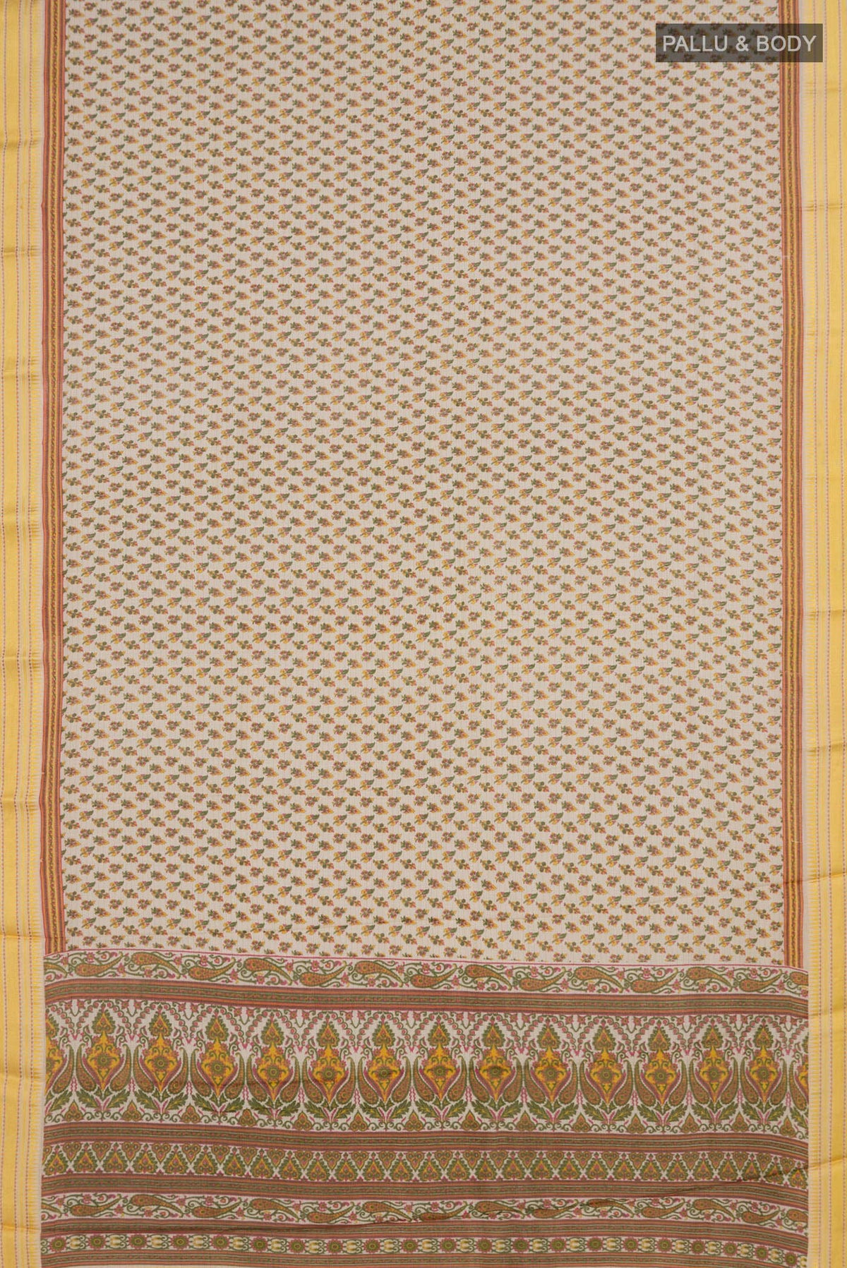 Flat view of Beige Tussar Saree with Printed design on the body and Thread Border. 