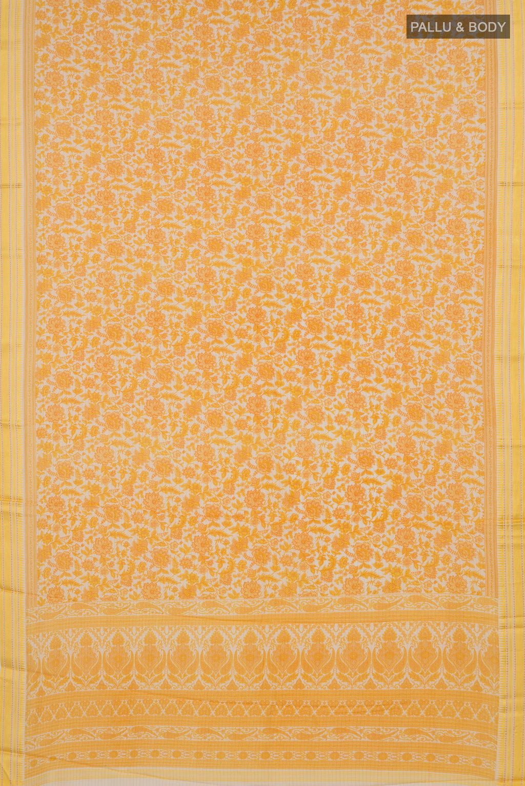 Flat view of Yellow Tussar Saree with Floral Print on the body and Thread Border. 