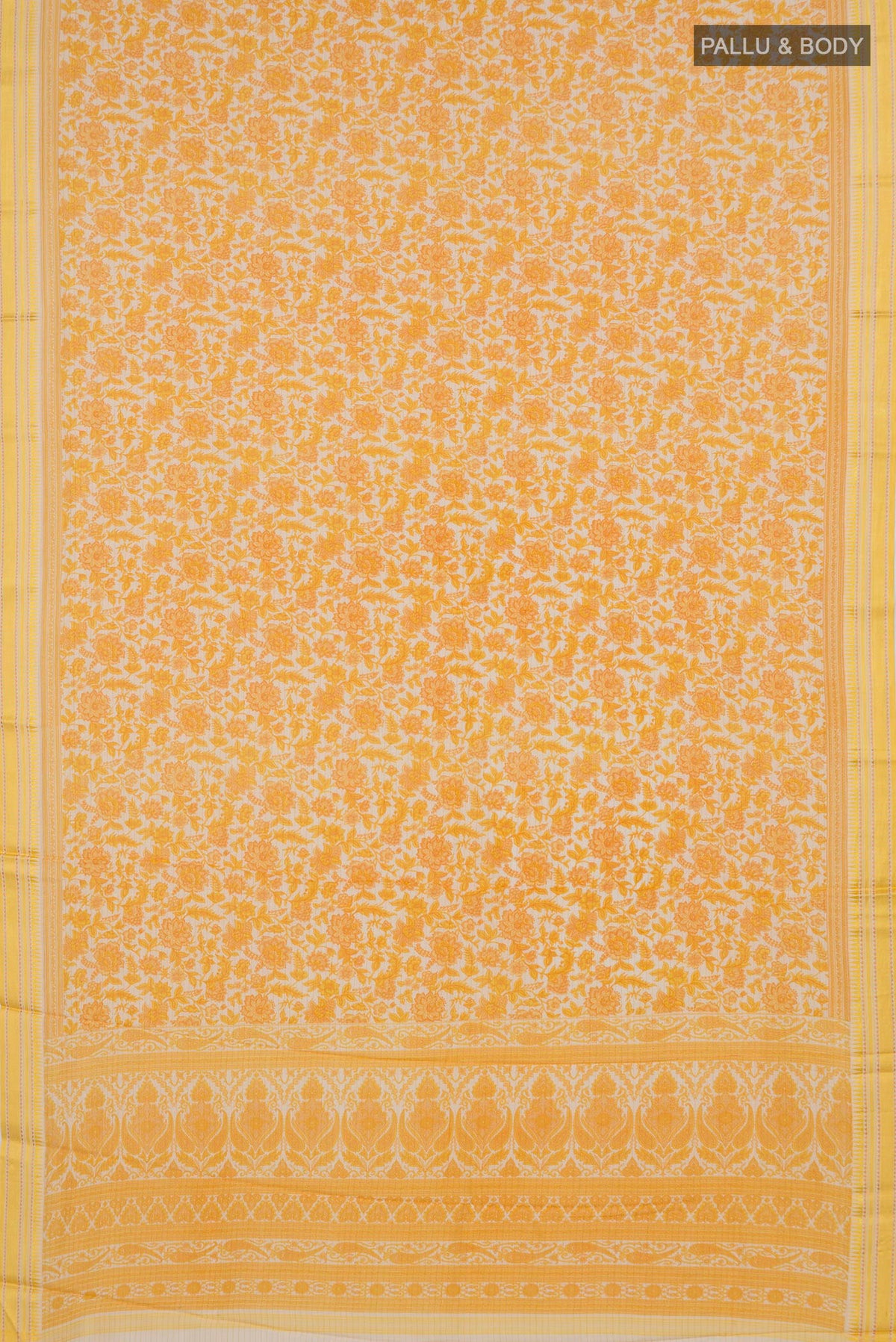 Flat view of Yellow Tussar Saree with Floral Print on the body and Thread Border. 