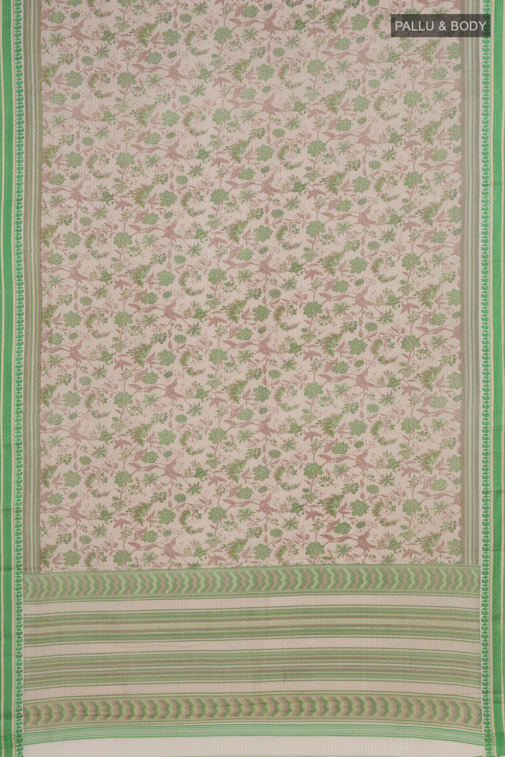 Flat view of Beige Tussar Saree with Floral Print on the body and Thread Border. 