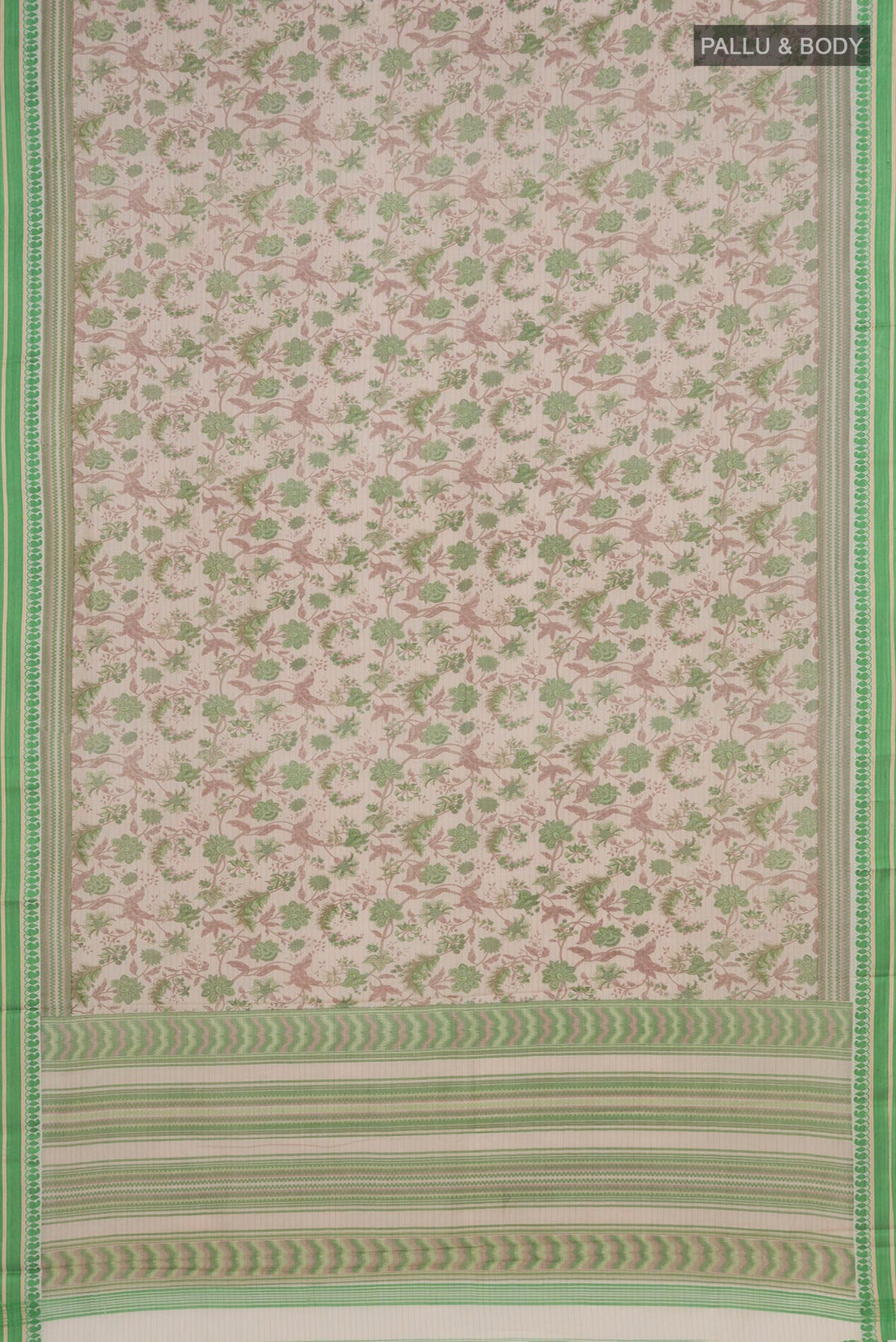 Flat view of Beige Tussar Saree with Floral Print on the body and Thread Border. 
