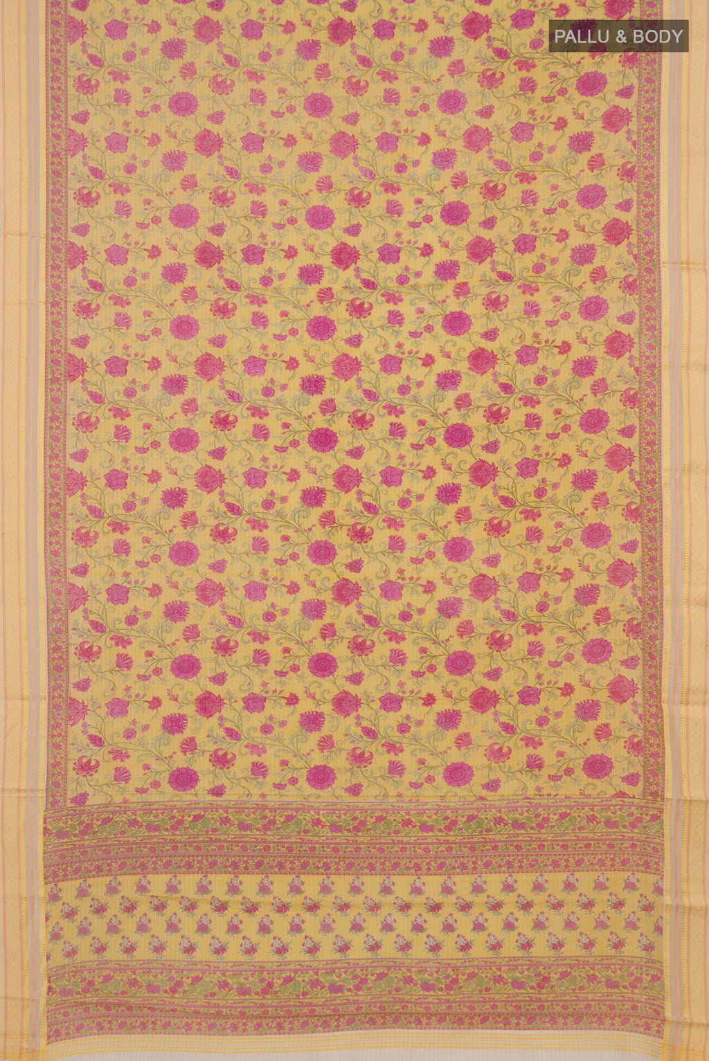 Flat view of Yellow Tussar Saree with Floral Print on the body and Thread Border. 