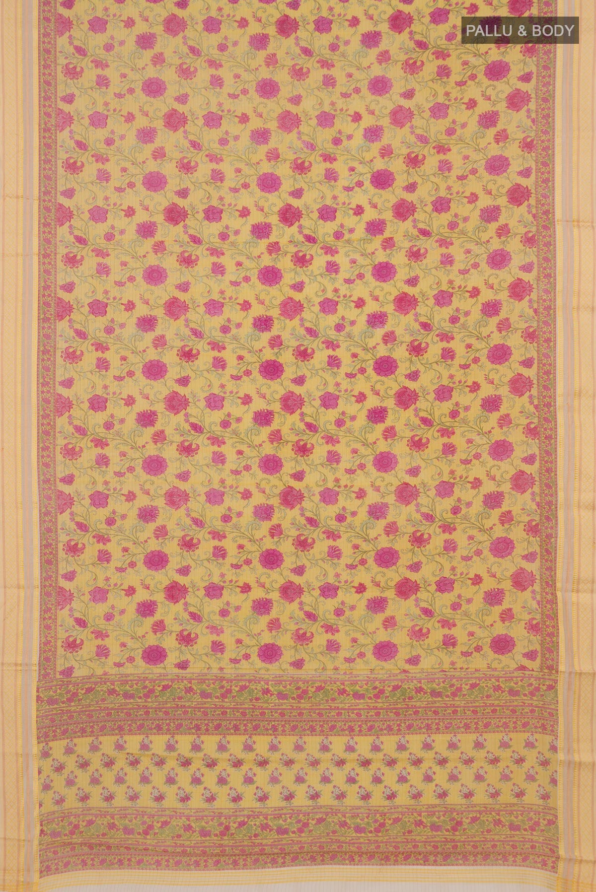 Flat view of Yellow Tussar Saree with Floral Print on the body and Thread Border. 