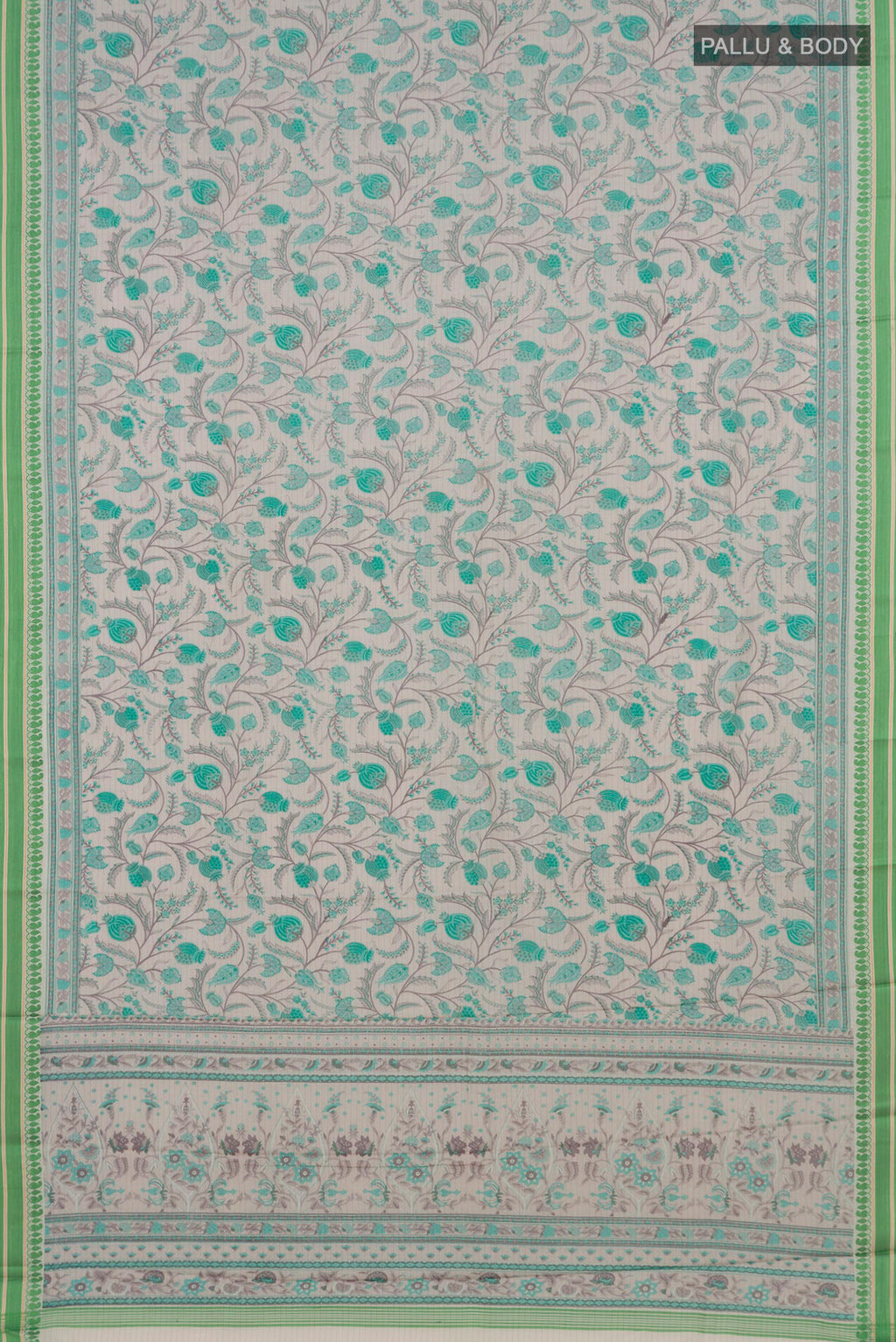 Flat view of Beige Tussar Saree with Floral Print on the body and Thread Border. 