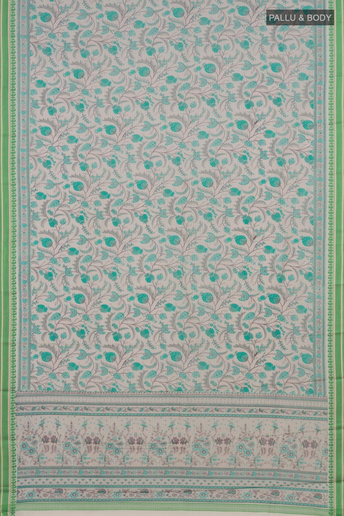 Flat view of Beige Tussar Saree with Floral Print on the body and Thread Border. 