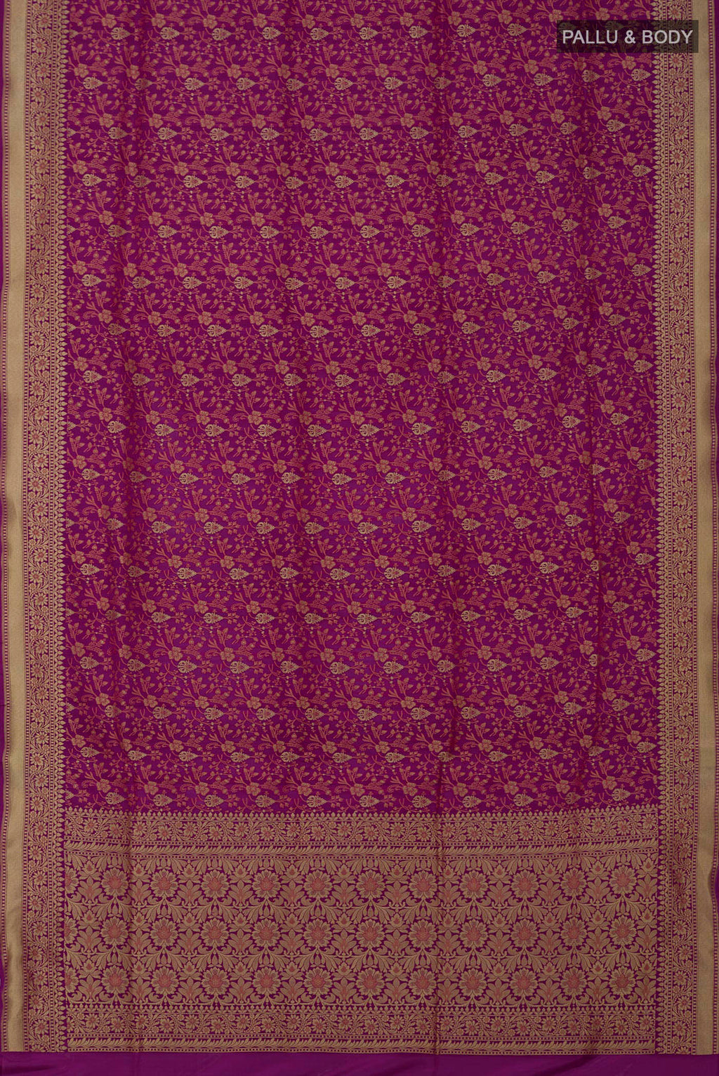 Flat view of Magenta Banarasi Saree with Fancy on the body and Fancy Border. 