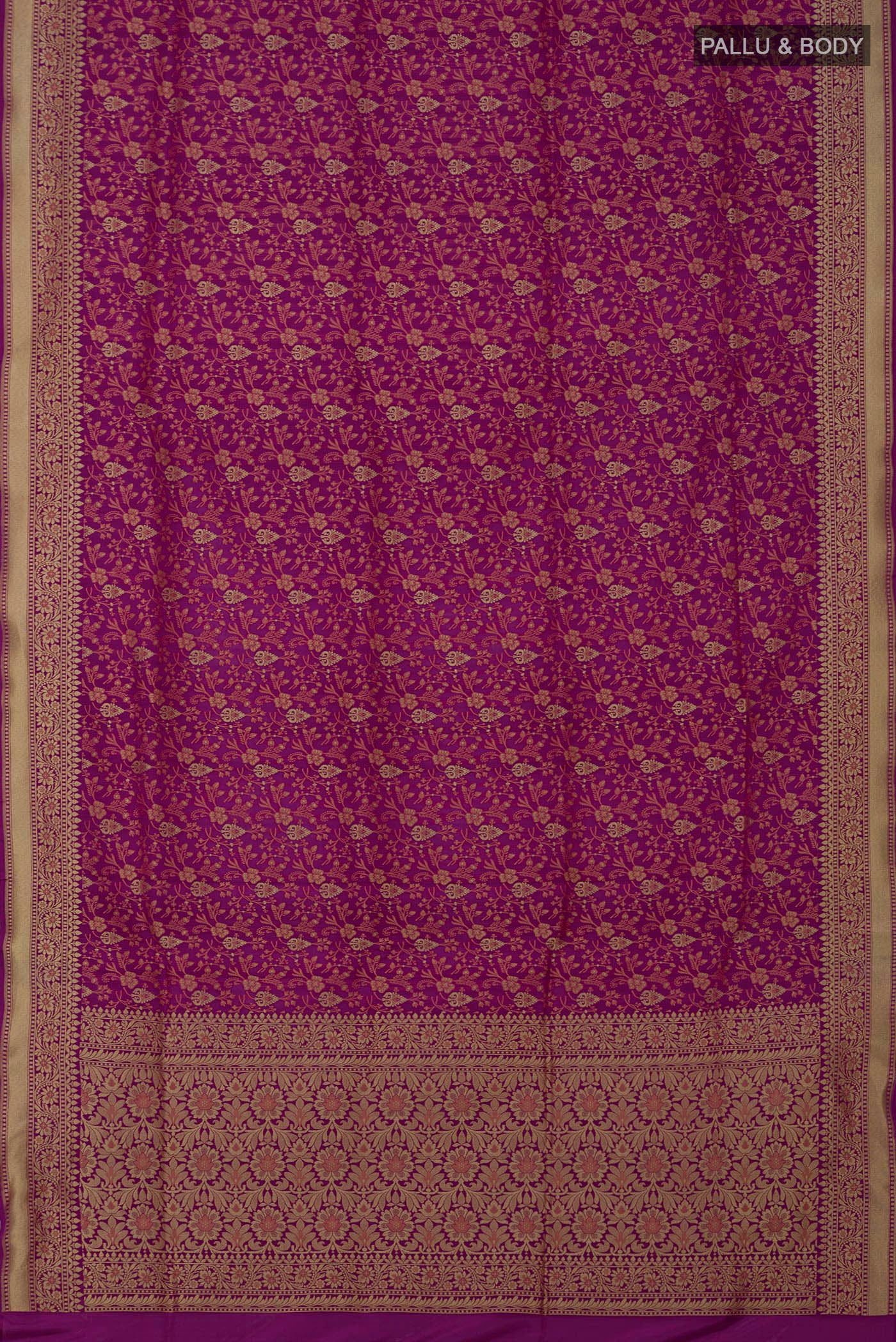 Flat view of Magenta Banarasi Saree with Fancy on the body and Fancy Border. 