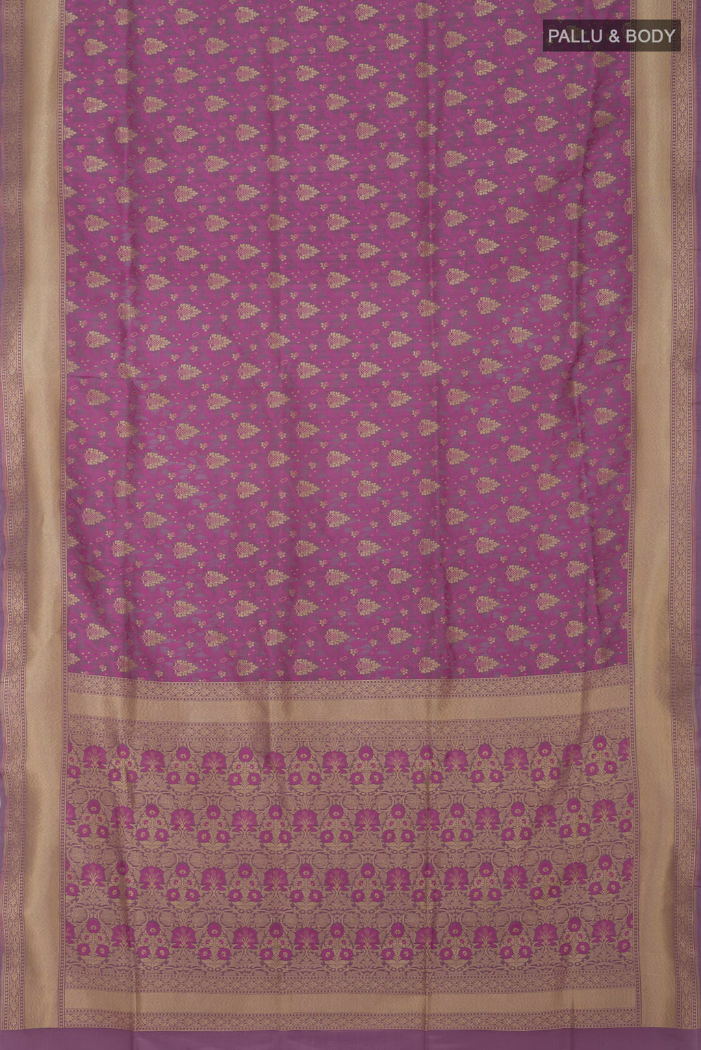 Flat view of Lavender Banarasi Saree with Fancy on the body and Fancy Border. 