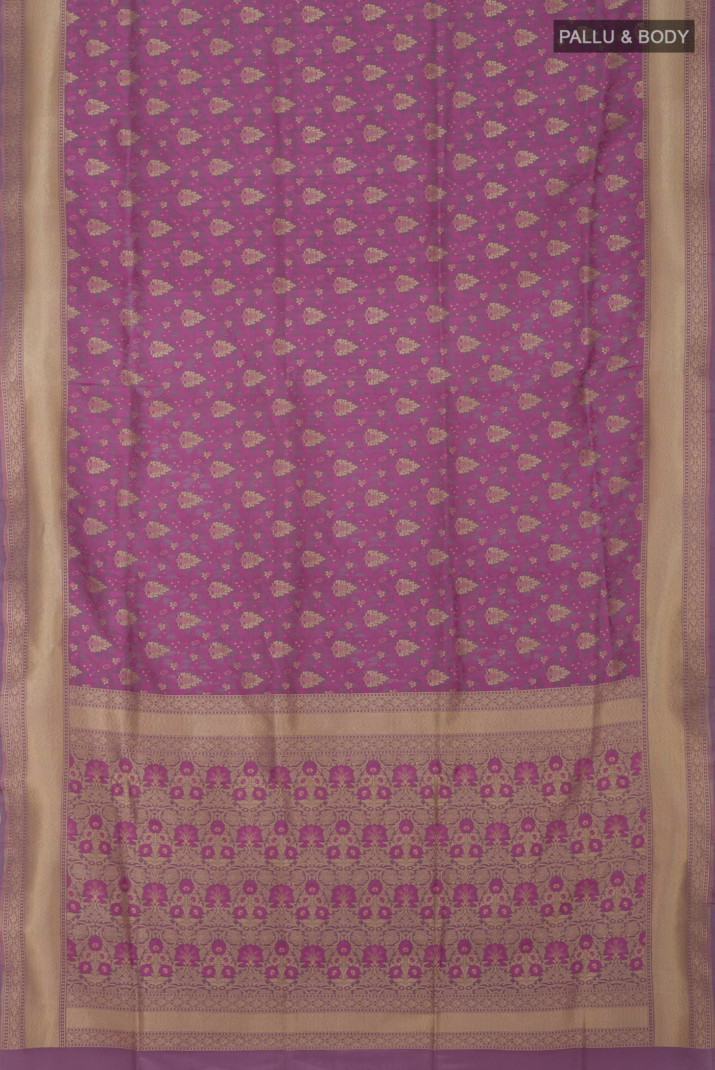 Flat view of Lavender Banarasi Saree with Fancy on the body and Fancy Border. 