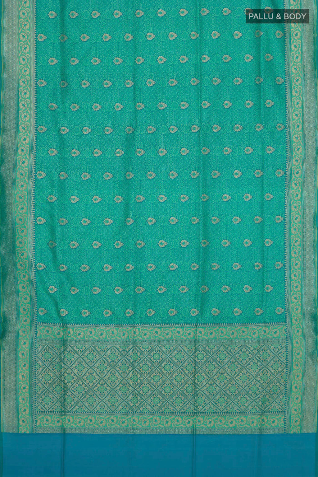 Flat view of Turquoise Banarasi Silk Saree with Jacquard With Zari Butta on the body and Zari Border. 