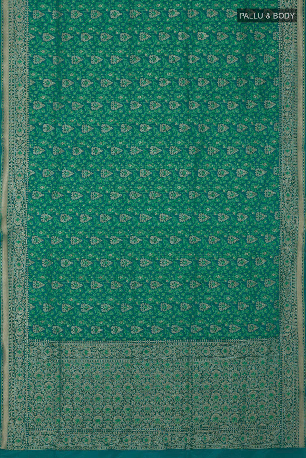 Flat view of Green Banarasi Saree with Fancy on the body and Fancy Border. 