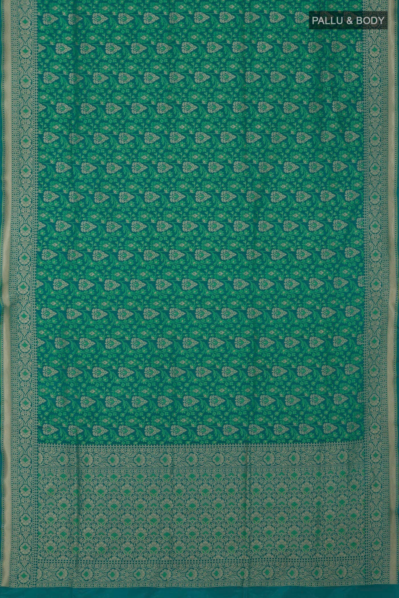 Flat view of Green Banarasi Saree with Fancy on the body and Fancy Border. 