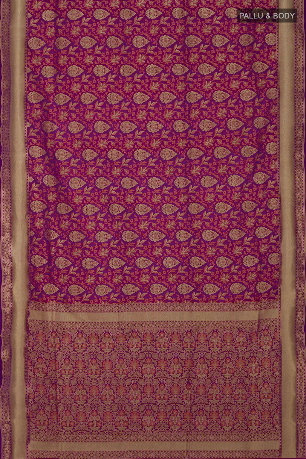 Flat view of Purple Banarasi Saree with Fancy on the body and Fancy Border. 