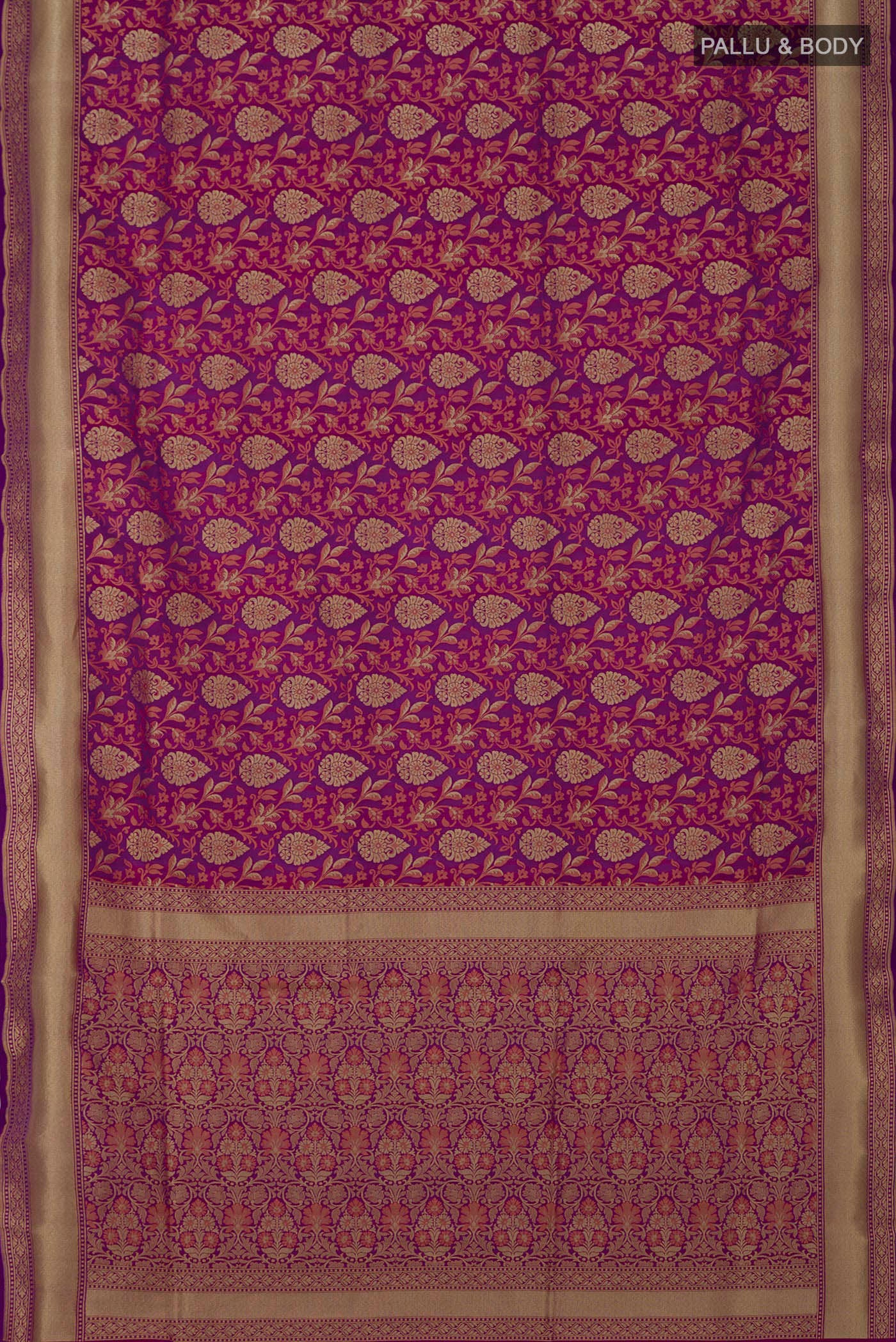 Flat view of Purple Banarasi Saree with Fancy on the body and Fancy Border. 