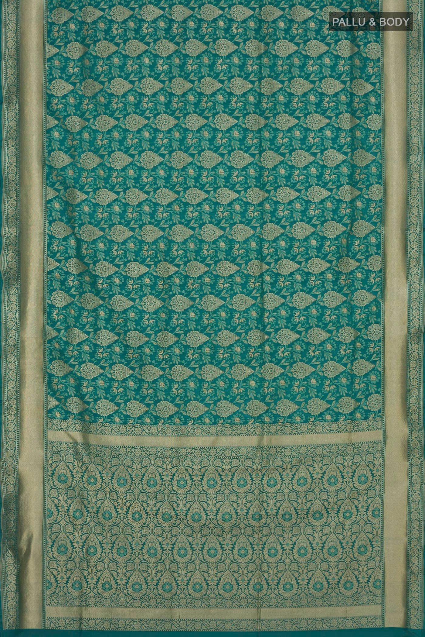 Flat view of Turquoise Banarasi Silk Saree with Zari And Thread Butta on the body and Zari Border. 