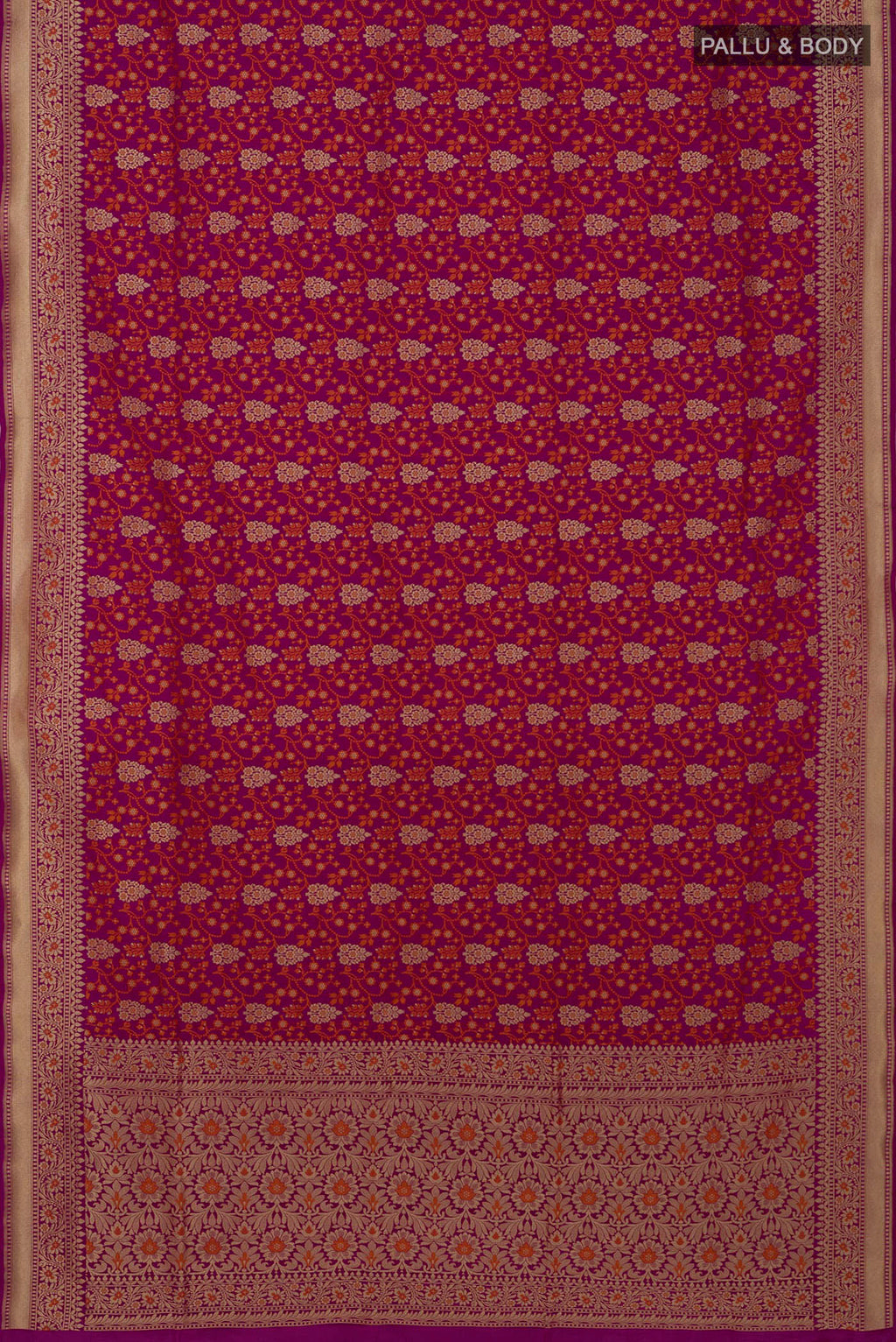 Flat view of Magenta Banarasi Saree with Fancy on the body and Fancy Border. 