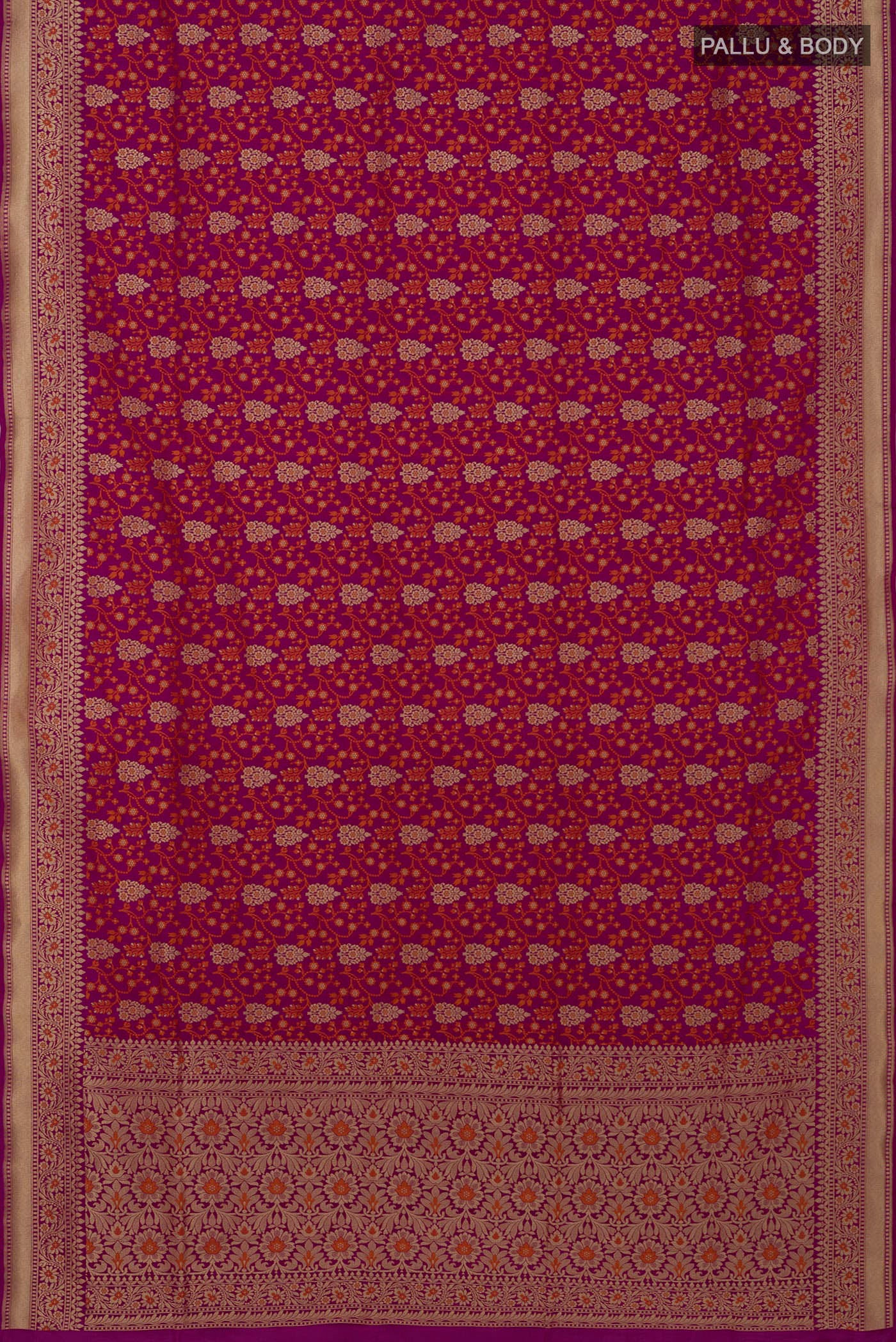 Flat view of Magenta Banarasi Saree with Fancy on the body and Fancy Border. 