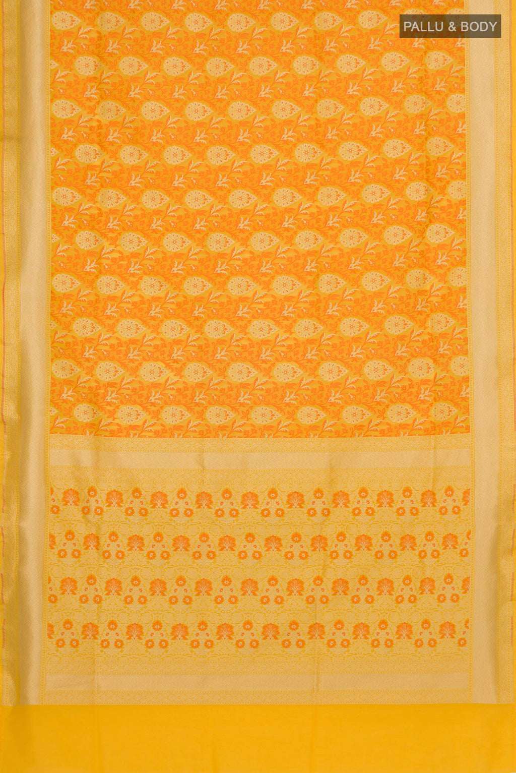 Flat view of Yellow Banarasi Silk Saree with Zari And Thread Butta on the body and Zari Border. 