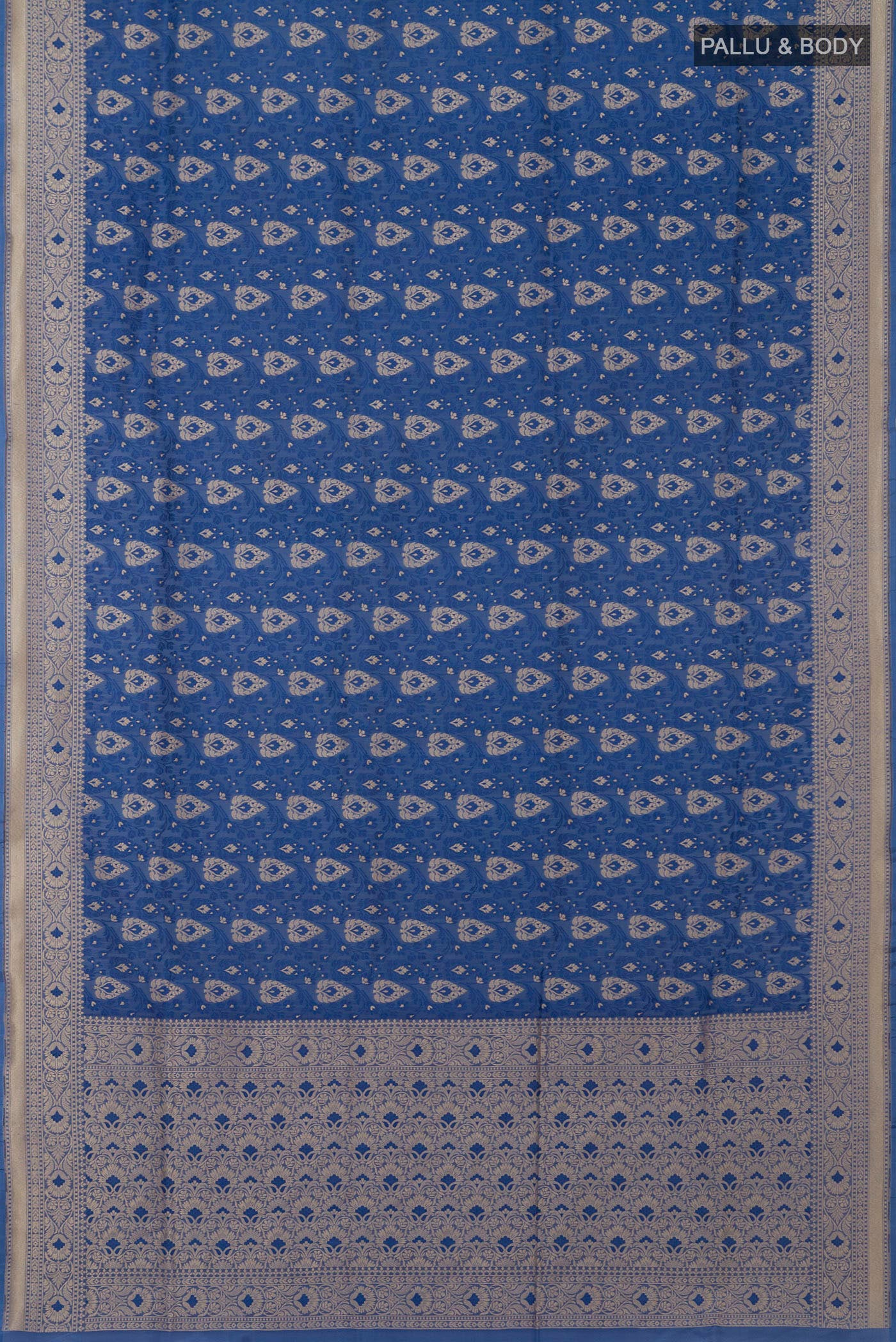 Flat view of Blue Banarasi Saree with Fancy on the body and Fancy Border. 