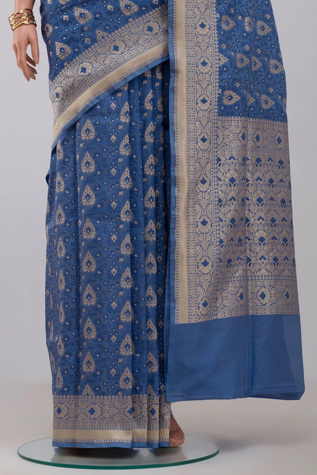 Pleats and pallu of Blue Banarasi Saree with Fancy on the body and Fancy Border. 