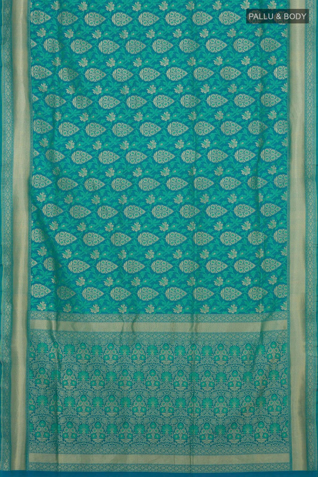 Flat view of Blue Banarasi Silk Saree with Zari And Thread Butta on the body and Zari Border. 