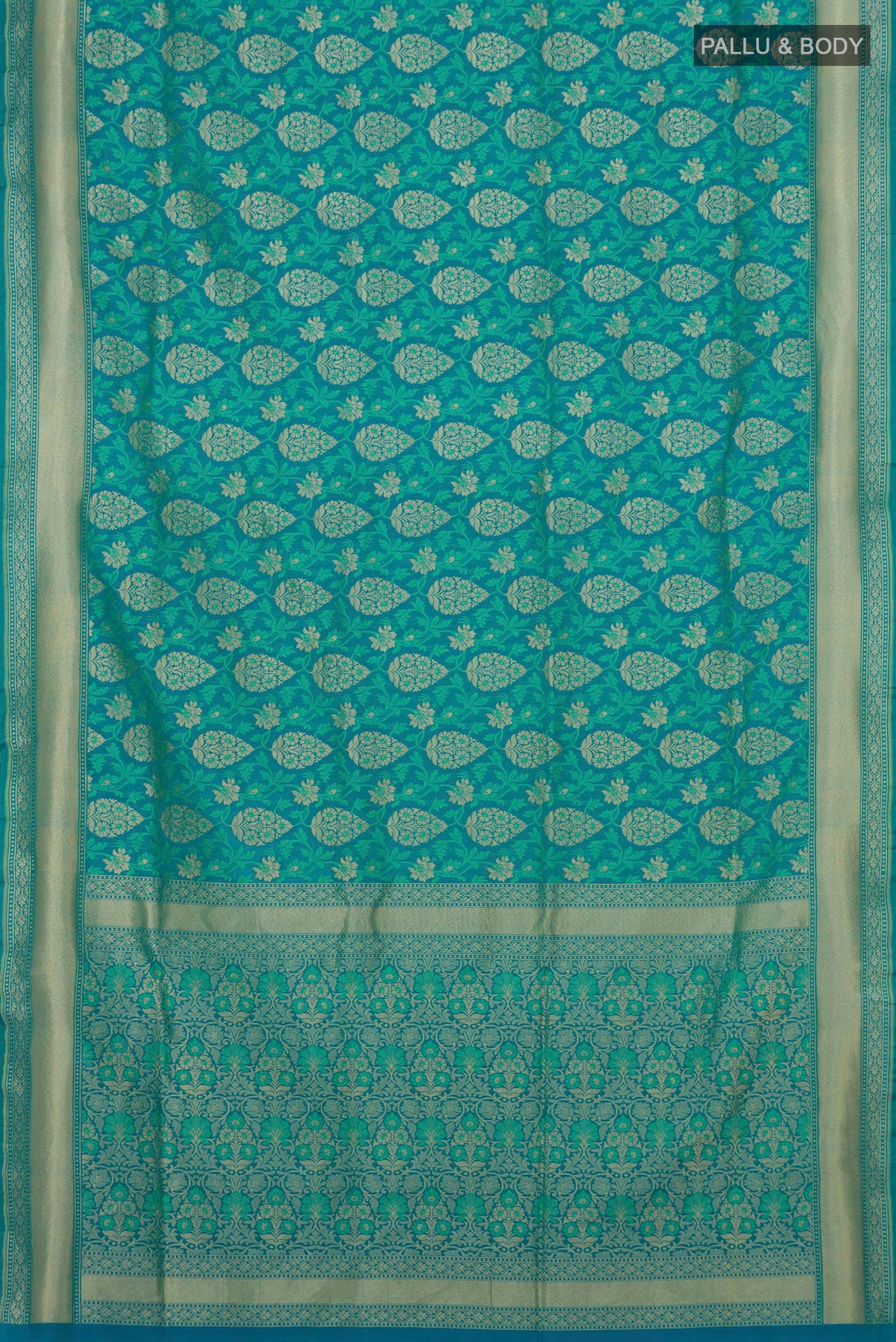 Flat view of Blue Banarasi Silk Saree with Zari And Thread Butta on the body and Zari Border. 