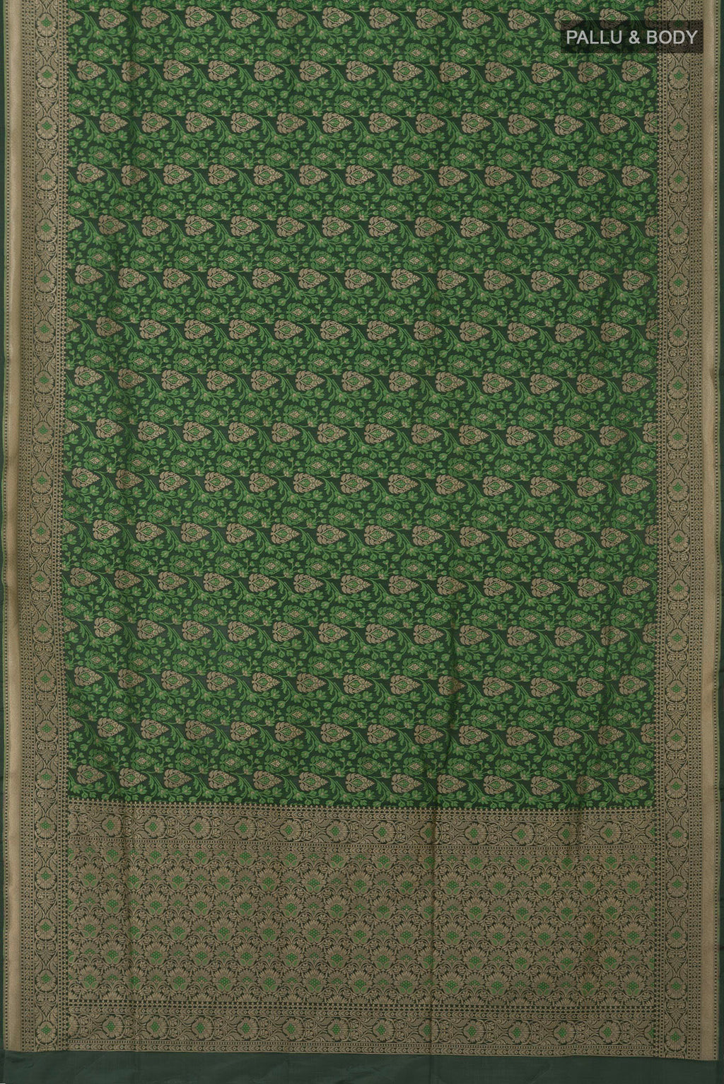 Flat view of Green Banarasi Saree with Fancy on the body and Fancy Border. 