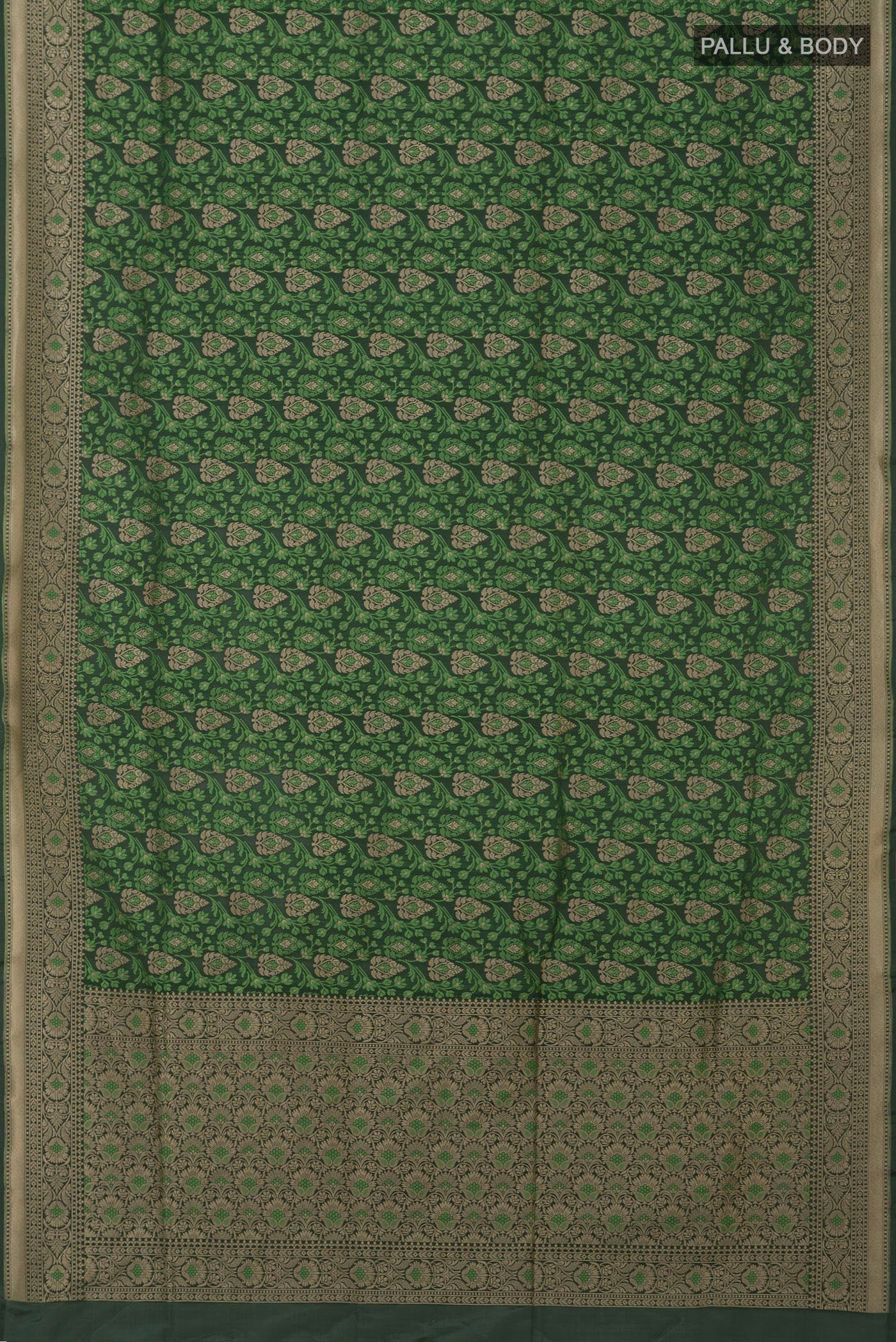 Flat view of Green Banarasi Saree with Fancy on the body and Fancy Border. 
